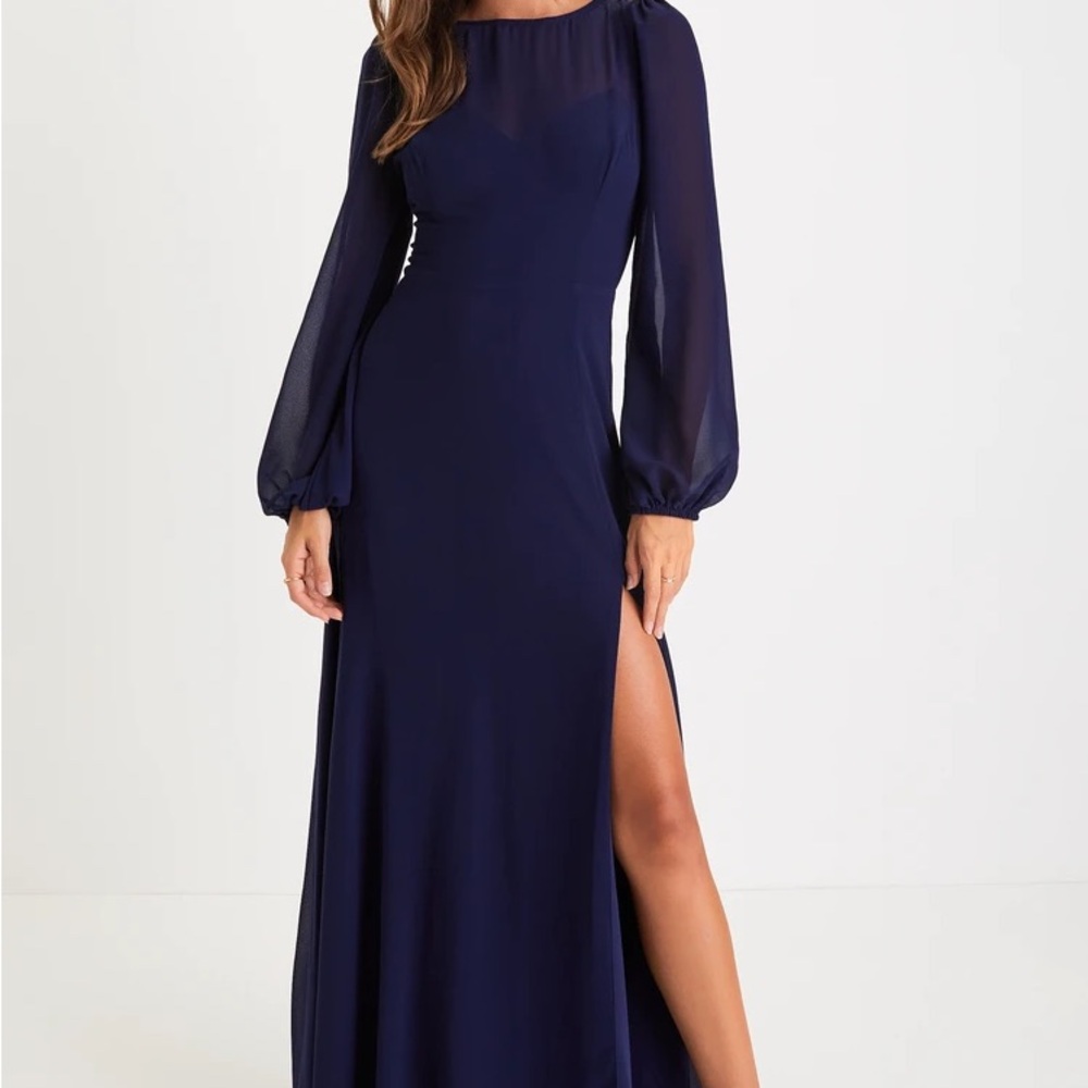 Lulu’s Prestigious Poise Navy Blue Backless Balloon Sleeve Maxi Dress #2203236